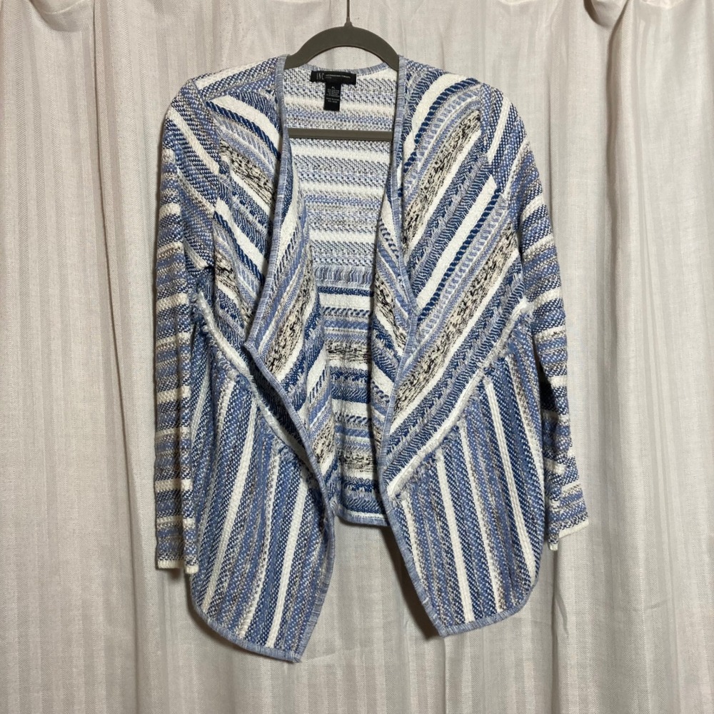 Coastal Beach Resort Blue Stripe Open Front Cardigan PL INC Textured Knit Casual